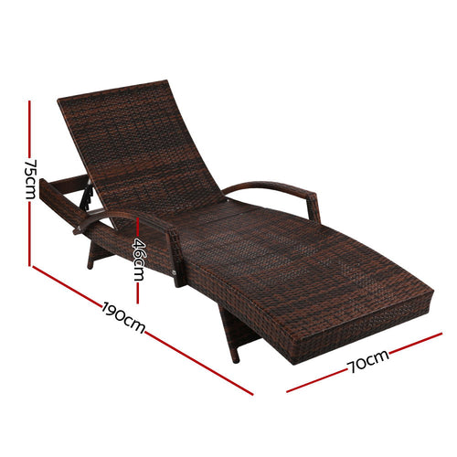 2PC Sun Lounge Wicker Lounger Outdoor Furniture Beach Chair Patio Adjustable Cushion Brown By Gardeon