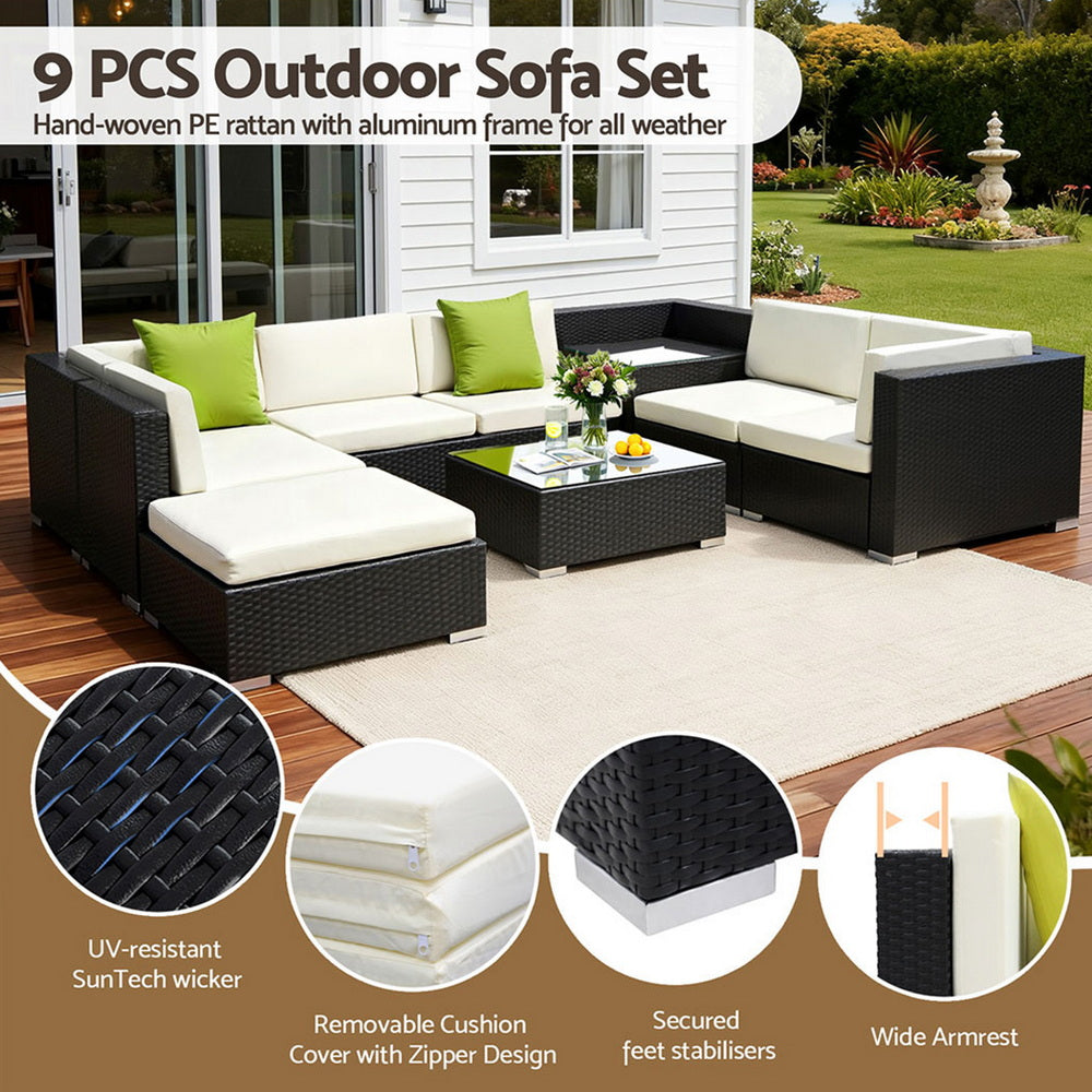 9-Piece Outdoor Sofa Set Wicker Couch Lounge Setting Cover By Gardeon